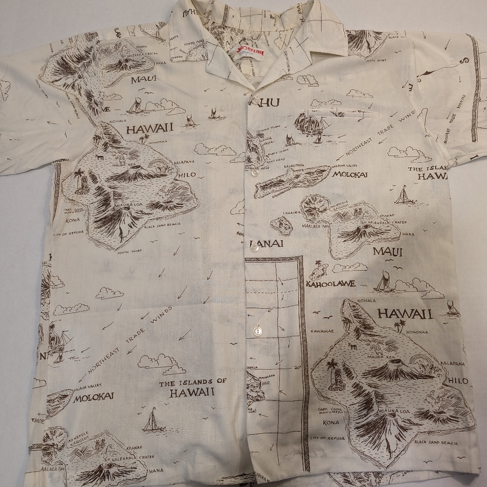 Shoreline Hawaiian map Theme Short Sleeve Button Up Shirt made in Hawaii